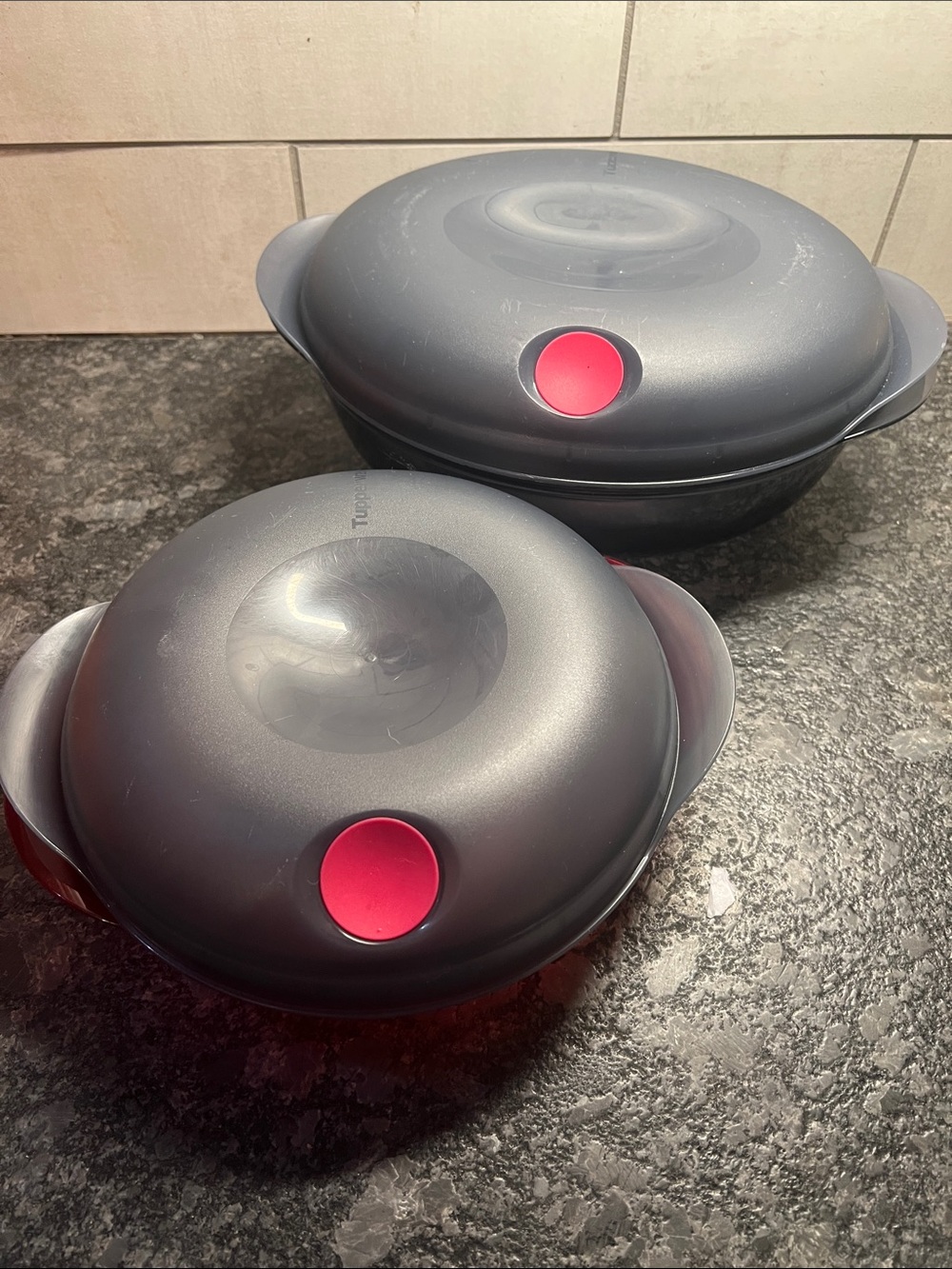 TUPPERWARE Heat N Serve Gray and Red Pink Microwave Cookware Set -